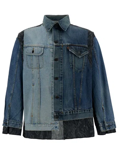 Needles Blue Patchwork Asymmetric Jacket In Cotton Denim Man
