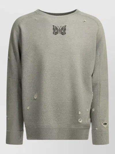 Needles Butterfly Crewneck Sweatshirt Distressed Ribbed Trims In Green