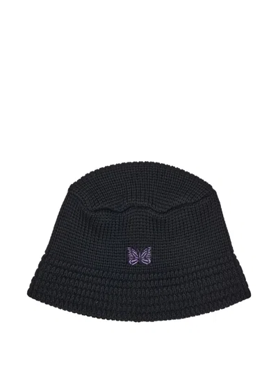 Needles Butterfly-embroidered Ribbed Bucket Hat In Black