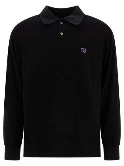 Needles Butterfly Detailed Long Sleeved Polo Shirt In Black