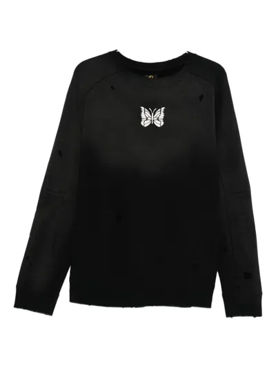 Needles Butterfly-print Distressed-effect Sweatshirt In Black