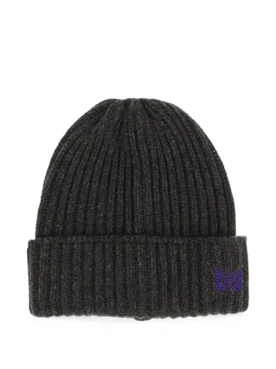Needles Butterfly-embroidered Wool Beanie Hat In Grey