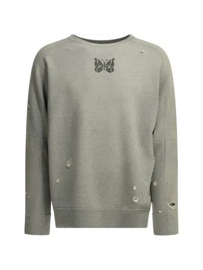 Needles Butterfly Crewneck Sweatshirt Distressed Ribbed Trims In Green