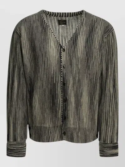Needles Cardigan Jacket Long Sleeves Striped Pattern V Neckline In Gray