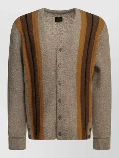 Needles Cardigan Stripe Design Ribbed Cuffs Neckline In Brown