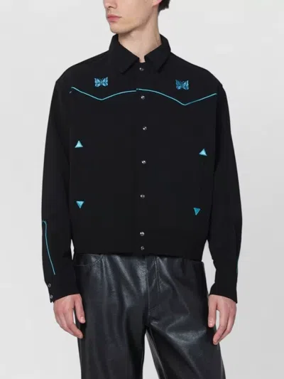 Needles Collared Jacket Contrast Piping Embroidered Front In Black