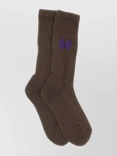 Needles Cuffed Embroidered Ribbed Socks In Brown