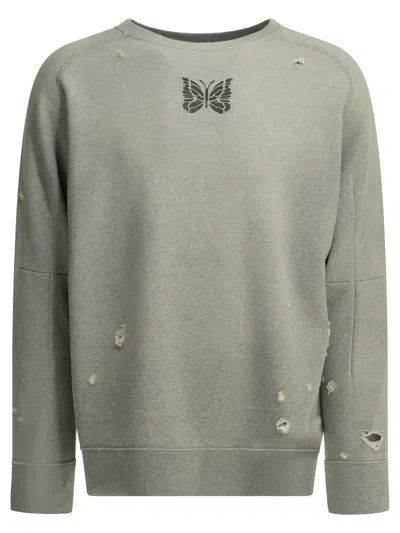 Needles Deconstructed Grey Cotton Crewneck Sweatshirt In Gray