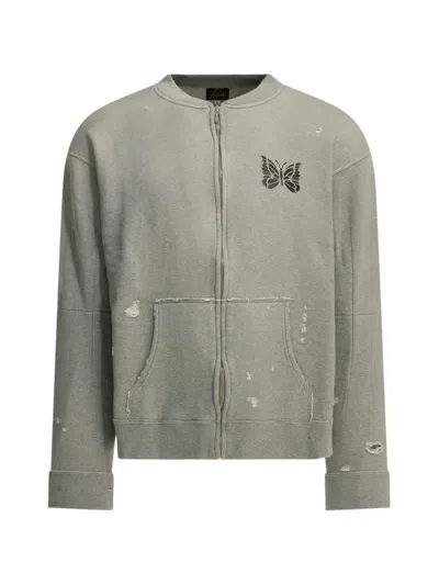 Needles Zip Hoodie Butterfly Print Front Pockets Ribbed Cuffs In Gray