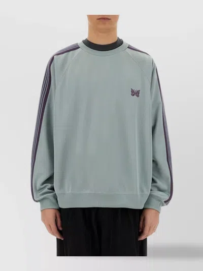 Needles Embroidered Raglan Sleeve Sweatshirt With Striped Ribbed Hem In Blue