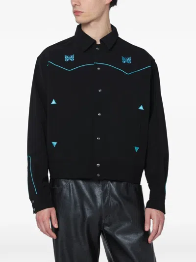 Needles Collared Jacket Contrast Piping Embroidered Front In Black