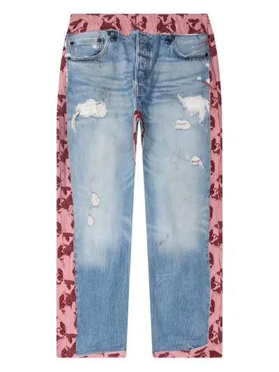 Needles Floral-panel Distressed Trousers In Blue