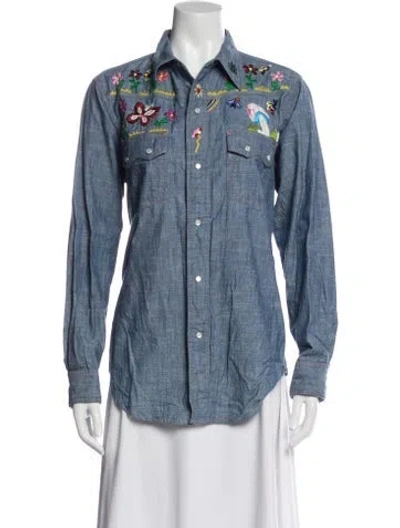 Pre-owned Needles Floral Print Long Sleeve Button-up Top In Blue
