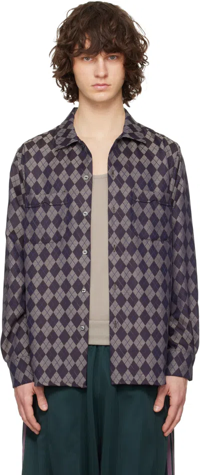 Needles Gray & Burgundy Open Collar Shirt In Brown