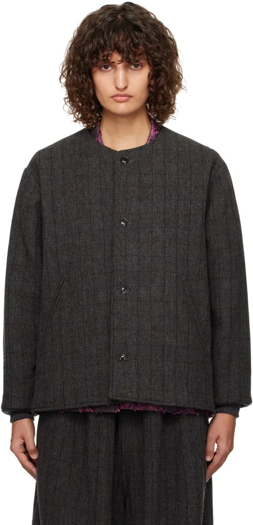 Needles Gray Quilted Crew Neck Jacket In A-charcoal | ModeSens