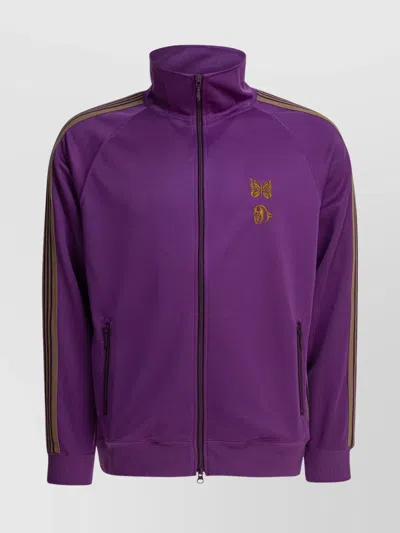 Needles High Collar Striped Sleeves Sweatshirts Side Pockets In Purple