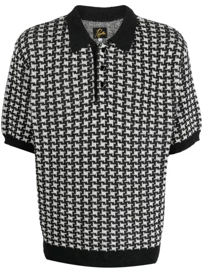 Needles Houndstooth-pattern Knit Polo Shirt In Black