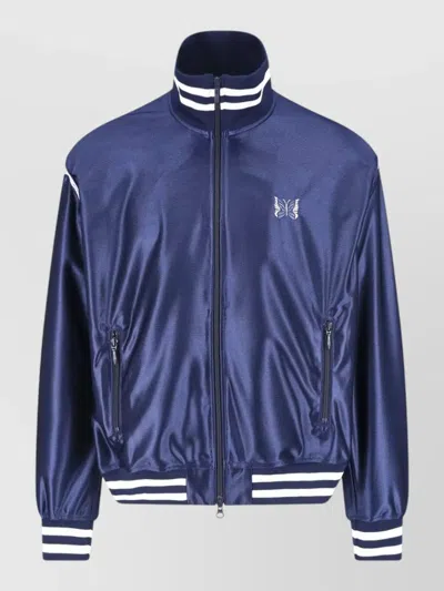 Needles Jacket High Collar Striped Ribbed Cuffs Pockets In Blue