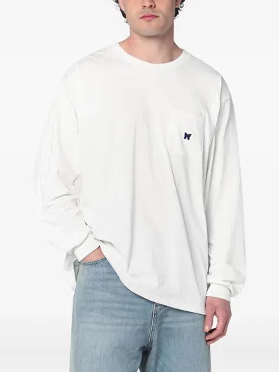 Needles Black Crew-neck T-shirt With Embroidery In White