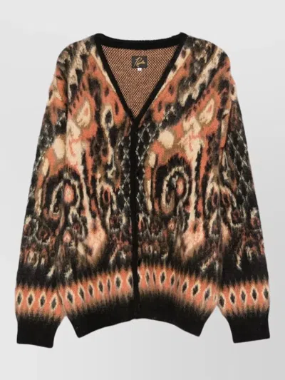 Needles Mohair Paisley Knit V Neck Cardigan In Brown