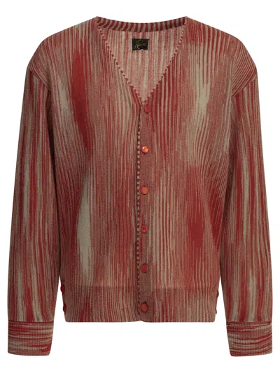 Needles Red Mohair Nylon Wool Striped Cardigan