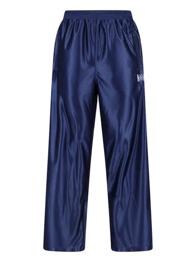 Needles Straight Pants Elastic Waistband Shiny Finish Zip Pocket In Blue