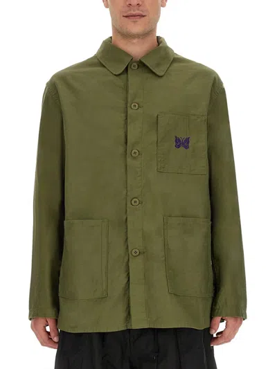 Needles Khaki Coverall Reversed Sateen Shirt In Green