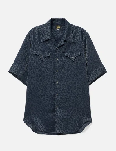 Needles Short Sleeves Western Shirt - Rayon Leopard Jacquard In Blue