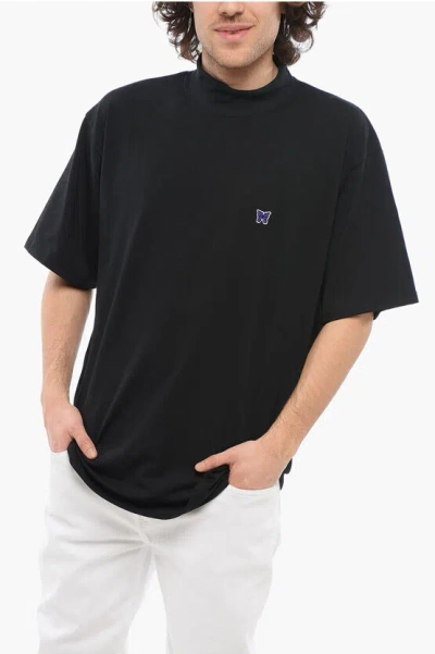 Needles Solid Color Mock-neck T-shirt With Butterfly Embroidery In Black