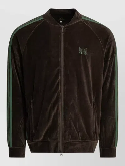 Needles Track Zip Sweatshirt Ribbed Cuffs Pockets Stripes In Brown
