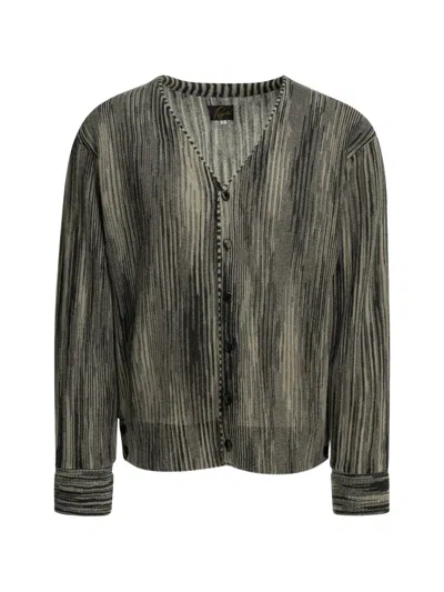 Needles Cardigan Jacket Long Sleeves Striped Pattern V Neckline In Gray