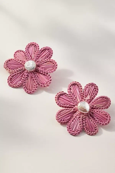 Neely Phelan Rattan Flower Earrings In Pink