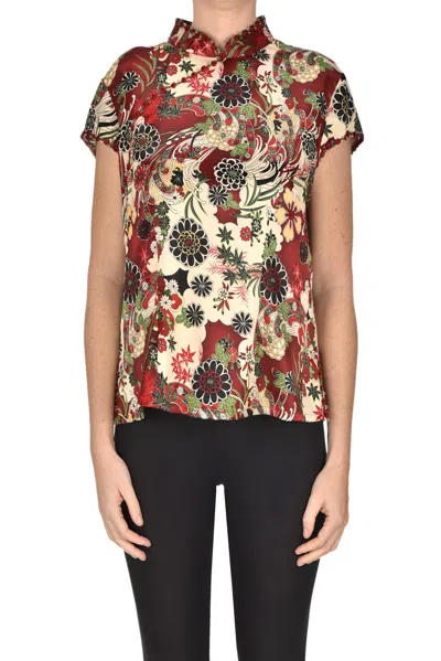 Neemrana Flower Print Silk Blouse In Bordeaux