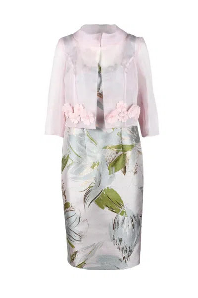 Nefertari Floral Appliqué Cropped Jacket And Fitted Skirt Co-ord Set In Pink
