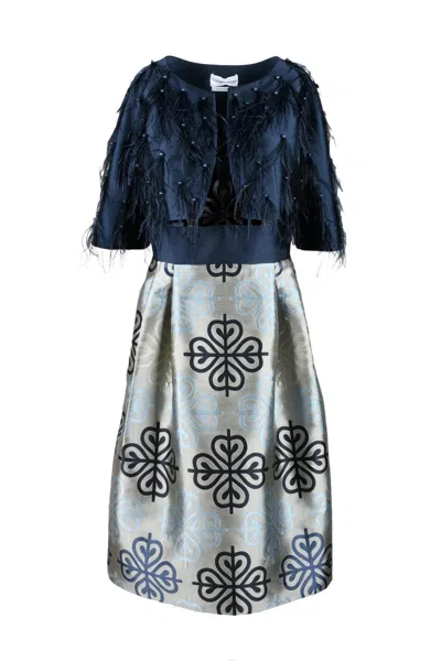 Nefertari Set Cropped Textured Jacket And Structured Skirt Ensemble In Blue