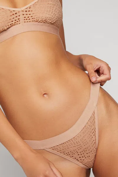 Negative Eyelet Lace Thong In Buff In Nude