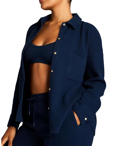 Negative Waffle Knit Shirt Jacket In Blue