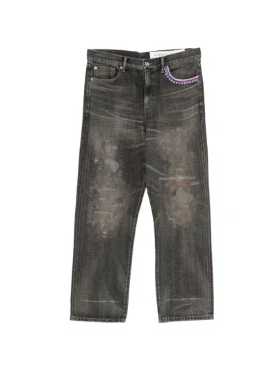 Neighborhood Savage Wide-leg Bead-embellished Distressed Jeans In Black