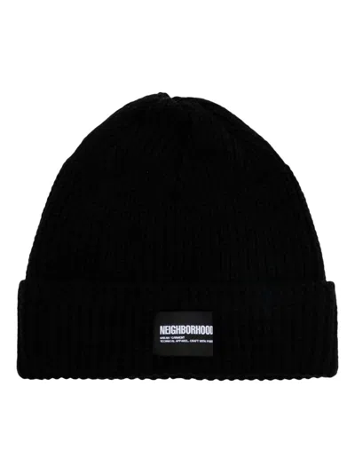 Neighborhood Logo-patch Ribbed-knit Beanie In Black