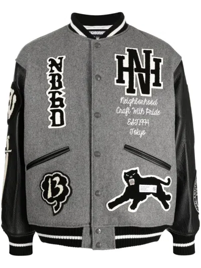 Neighborhood Logo-patch Varsity Jacket In Grey