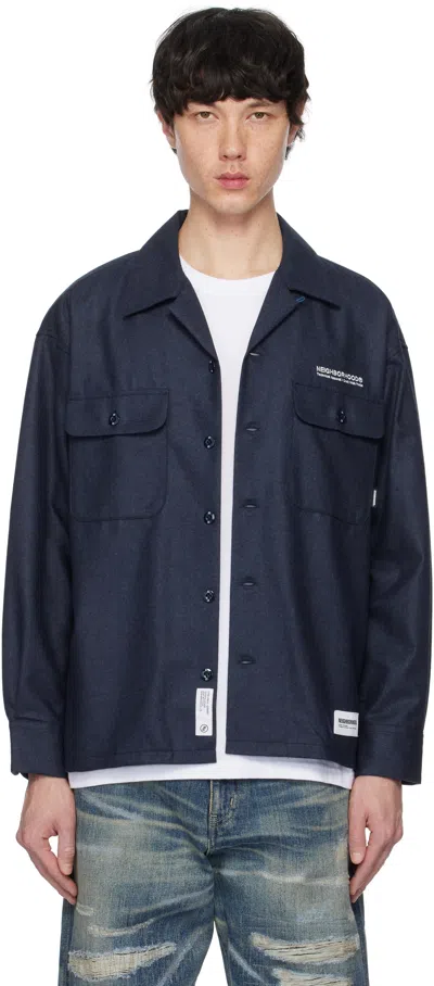 Neighborhood Navy Wool Open Collar Shirt In Blue