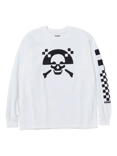 Neighborhood Nh-5 Checkerboard-skull Long-sleeve T-shirt In White
