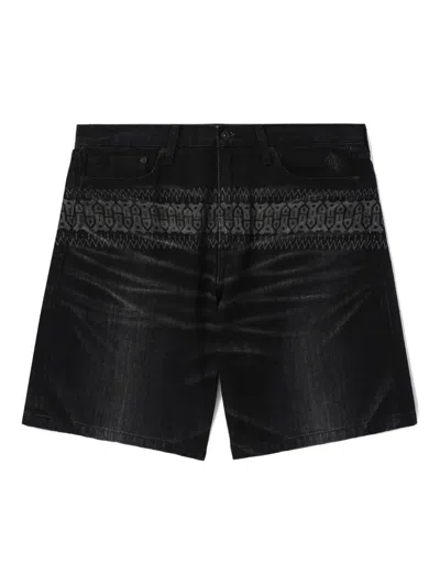 Neighborhood Patterned Denim Shorts In Black