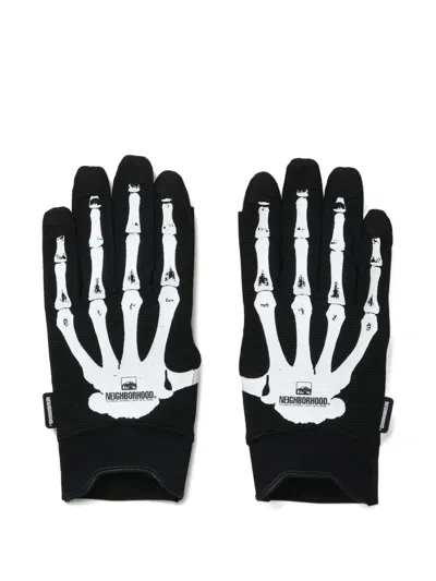 Neighborhood Skeleton-print Gloves In Black