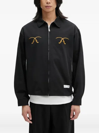 Neighborhood Souvenir Embroidered-detail Zip-up Shirt Jacket In Black