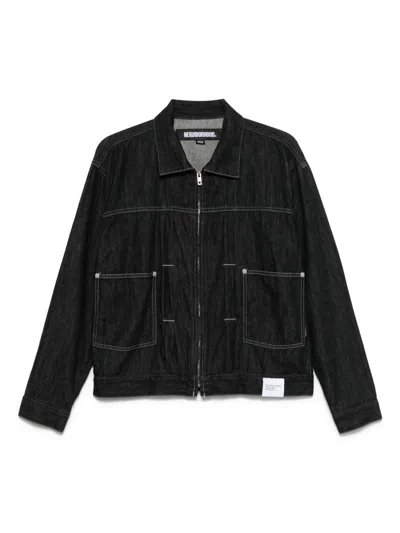 Neighborhood Washed Zip-up Denim Jacket In Black