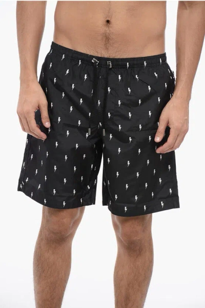 Neil Barrett All-over Micro Bolts Swim Long Shorts In Black