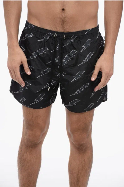 Neil Barrett All-over Rain Bolts Swim Shorts In Black