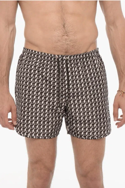 Neil Barrett All Over Thunderbolt Printed Swim Shorts In Brown