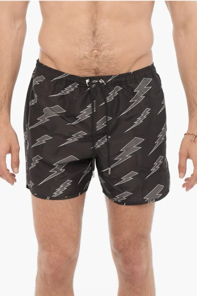 Neil Barrett All Over Thunderbolt Printed Swim Shorts In Gray
